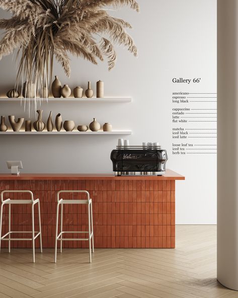 GALLERY 66' // MINIMAL CAFE INTERIOR Jan Tulenbay #minimalism #interior #design Cafeteria Kitchen Design, Cafe Interior Minimalist, Minimal Cafe Interior Design, Neutral Cafe Interior, Minimal Coffee Shop Design, Minimal Cafe Interior, Cafe Interior Design Brown, Minimal Cafe Design, Cafe Kitchen Design