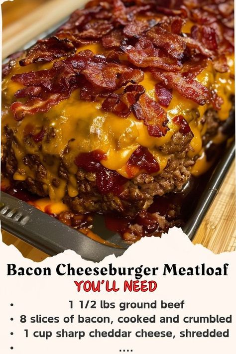 Bacon Cheddar Meatloaf, Cheeseburger Meatloaf Recipes, Bacon Cheeseburger Meatloaf, Luscious Recipes, Cheeseburger Meatloaf, Bacon Meatloaf, Meatloaf Ingredients, Easy Bacon, Bbq Bacon