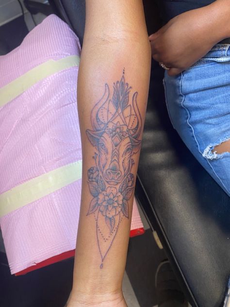 Her name is Sapphire shes strong, willing, loving, and powerful. Shes my protector. I know a bull is an male cow, but this to me represents myself . ♉️ Taurus Bull Tattoos For Women Leg, Bull Tattoo Sleeve, Cow Skull Tattoo Back Of Arm, Taurus Bull Tattoos For Women, Feminine Bull Tattoo Taurus, Bull Tattoo Feminine, Taurus Bull With Flowers Tattoo, Male Cow, My Protector