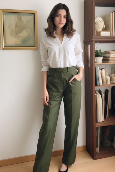 Classic White Shirt and Olive Green Pants Olive Green Pants Outfit, Green Pants Outfit, Olive Clothing, Elegance Dress, Mom Hair, White Shirt Outfits, Olive Pants, Chique Outfits, Luxury Photography