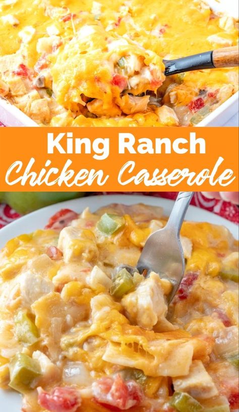 This King Ranch Chicken Casserole is a combo of chopped chicken, cheese, tortillas, and spicy tomatoes in a creamy sauce, and is a sure-fire hit. via @familyfresh Easy Delicious Casseroles, Cheese Tortillas, House Of Yumm, King Ranch Chicken Casserole, King Ranch Chicken, Ranch Chicken Casserole, Family Fresh Meals, King Ranch, Ranch Chicken