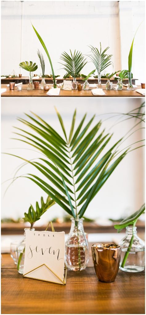 Tropical Greens Centerpiece, Tropical Foliage Centerpieces, Palm Frond Centerpiece Simple, Tropical Wedding Greenery, Tropical Plant Centerpieces, Palm Leaf Centerpieces, Hawaiian Rehearsal Dinner, Tropical Bud Vases Wedding, Simple Greenery Wedding Centerpieces