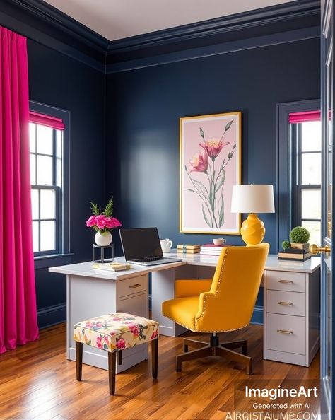 Home Office Bright, Vibrant Office Design, Colourful Office, Bedroom Office Combo, Navy Office, Office Paint Colors, Purple Office, Office Redo, Office Paint