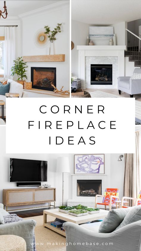 Decor Around A Fireplace, Corner Fireplace Living Room Modern, Angled Fire Places Ideas Living Room, Corner Fireplace And Tv Placement, Corner Fireplace Couch Placement, Corner Fireplace By Stairs, Living Room Fireplace In Corner, Living Room Decor Corner Fireplace, Living Room Inspiration With Corner Fireplace