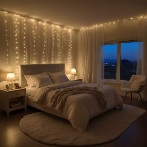 Warm Lights For Bedroom, Lit Up Bedroom Ideas, Bedroom Lighting Fairy Lights, Apartment Room Lighting Ideas, Bedroom With Twinkle Lights, String Lights Home, Lilac And Wood Bedroom, Cosy Bedroom Ideas For Couples Romantic, Les Lights In Bedroom Aesthetic