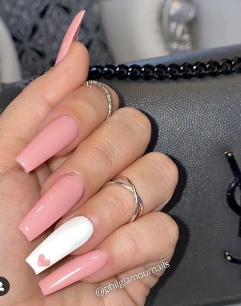 Nails Plan Color, Chique Nail Designs, Nail Inspo Coffin Valentines, White And Pink Coffin Nails, Nail Ideas For Valentines Day Simple, Summer Nail Inspo Coffin Long, Arycrilc Nails Design, Simple Nails Ballerina, Nail Inspiration Ballerina