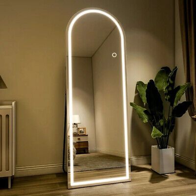 MirrorTraders.com BEAUTYPEAK 64" x 21" White, LED Arched Full Length Standing Floor Mirror. Round Top Mirror, Light Up Full Body Mirror, Led Standing Mirror, Round Full Length Mirror, Full Body Mirrors In Bedroom, Round Standing Mirror, Standing Mirror With Plants, Bedroom Full Body Mirror, Mirror Inspo Decor