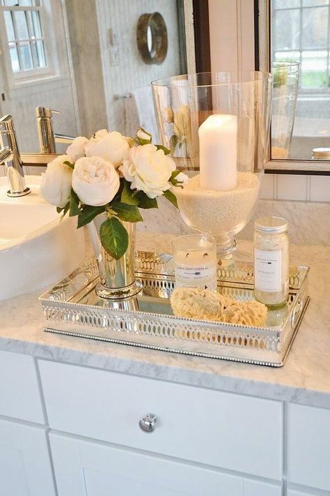 Style Your Home Like a Designer with Accessories | Interior Design Blog Vanity Tray Decor, Bathroom Decor Modern Luxury, Elegant Bathroom Ideas, Sink Counter, Interior Design Blogs, Bathroom Vanity Tray, Flowers And Candles, Bathroom Counter Decor, Hgtv Dream Home