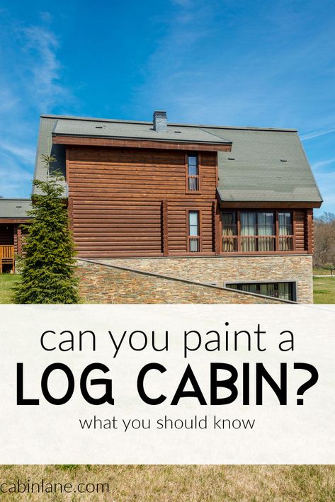 Painted Log Cabin Exterior White, Gray Stained Log Home, Paint Log Cabin Exterior, Updating A Log Cabin Exterior, Painted Log Cabin Exterior Color Schemes, Modernize Log Cabin, Updated Log Cabin Exterior, Painting Log Cabin Walls, Log Cabin Renovation Exterior