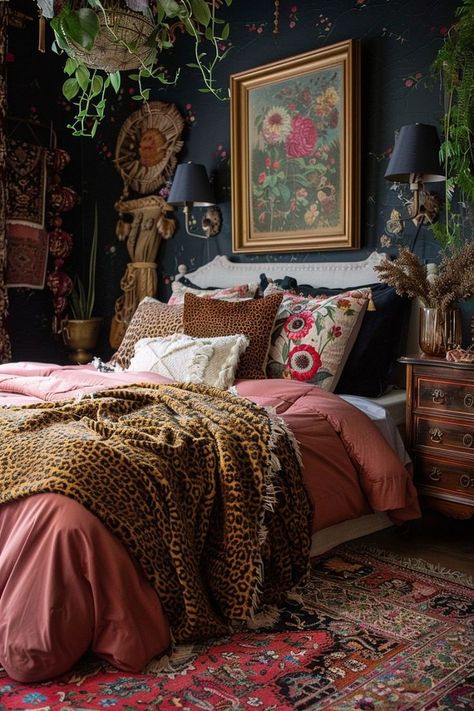 🍁So Inspired by This Gorgeous Room Dark Boho Bedroom Decor, Moody Maximalist Bedroom, Bohemian Bedroom Decor Ideas, Maximalist Bedroom Ideas, Den Inspiration, Eclectic Bedrooms, Ideas For Furniture, Eclectic Spaces, Maximalist Bedroom