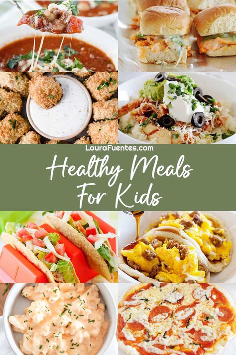 8 pictures of different kid-approved dinner ideas from tacos, pizza, homemade salmon nuggets and much more Simple Healthy Family Meals, Family Meals Toddler Friendly, Healthy Meals Kids Love, Nutritious Family Meals, Clean Eating Kid Friendly, Kid Friendly Protein Meals, Healthy Kid Friendly Meals Dinners, Kids Healthy Dinner Ideas, Easy Healthy Dinner For Kids