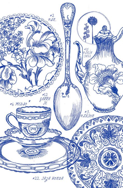 Using just a blue rollerball pen and some watercolours, Las Buenas Maneras comes to life inspired in antique ceramics and the romantic concept of going back to the good old maners of etiquette in the table; vintage spoons and traditional plates combined w… Ink Drawings, Tea Chest, Vintage Spoons, Blue Willow, Blue China, Love Blue, Craft Patterns, Work Life, Blue Ink