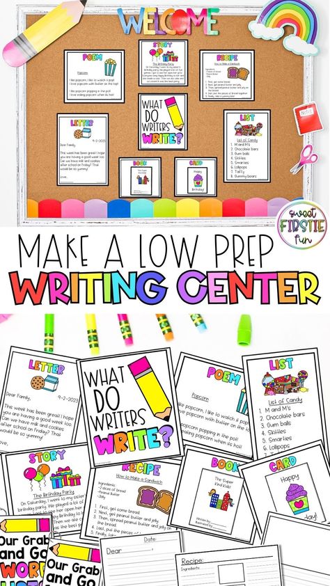 Wanting to create a writing center station for your students to visit during ELA centers, but not sure how to make it functional and low-prep?! I’ve got you covered! There are 3 print and go resources that I use to create my writing center, and my students love coming back to this station each day b First Grade Writing Center, Classroom Writing Center, Ela Stations, First Grade Words, Writing Paper Template, Ela Centers, Handwriting Lines, Writing Folders, Writing Station