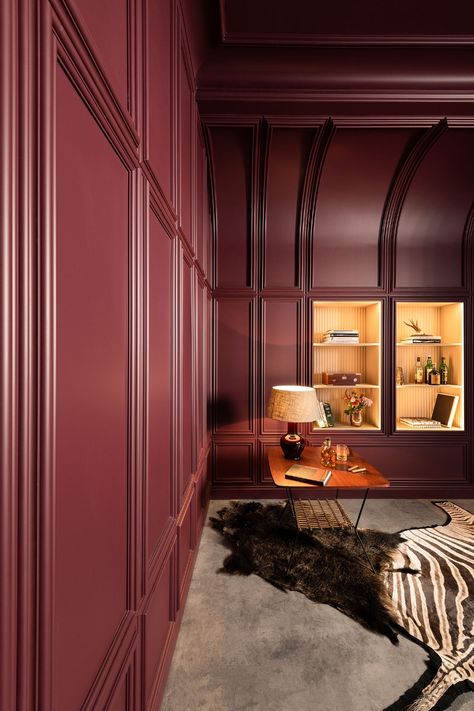 Reading room or study with wall panels in dark red Wall Panel Molding, Dado Rail, Orac Decor, Modern Properties, Panel Moulding, Decorative Wall Panels, High Walls, Wall Molding, 3d Wall Panels