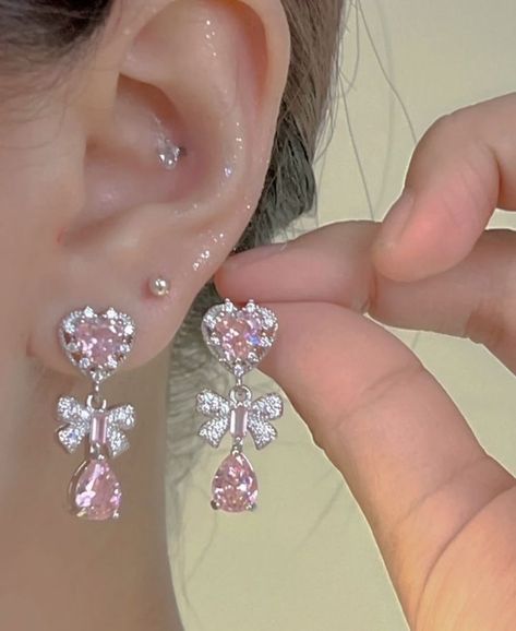 pretty pink earrings Fantasy Accessories Earrings, Pretty Ear Piercings, Magical Jewelry, Jewelry Accessories Ideas, Girly Accessories, Classy Jewelry, Fancy Jewellery, Jewelry Lookbook, Silver Stud Earrings