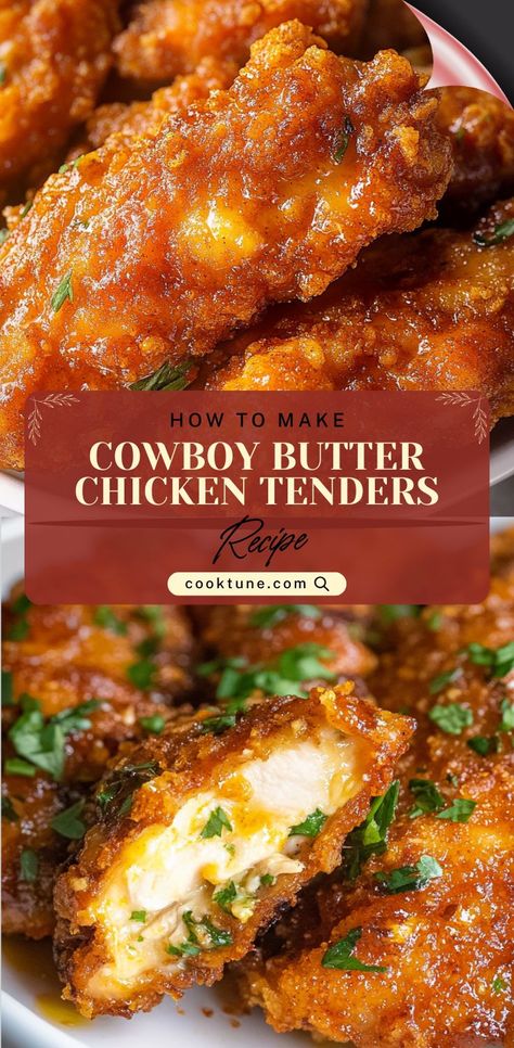 These ultra-crispy, cornflake-battered Cowboy Butter Chicken Tenders are air-fried to perfection and tossed in a rich, garlicky cowboy butter sauce. Made with a blend of lemon, Dijon mustard, and warm spices, these chicken tenders are packed with bold flavors. Perfect for an easy dinner recipe, game-day snack, or quick dinner idea! #HomemadeRecipes #HealthyRecipesEasy #HealthyRecipesLunch #EasyDinnerRecipes #QuickDinnerIdeas #HighProteinRecipes Cowboy Butter Sauce, Homemade Chicken Tenders, Cowboy Butter, Dinner Ideas With Chicken, Creative Dinner Ideas, Eat More Chicken, Creative Dinner, Best Dinner Ideas, Meal For Two