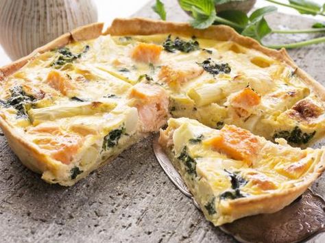 paprika, poivre, pomme de terre, saumon, oignon, reblochon, sel Asparagus Quiche Recipes, Asparagus Quiche, Cheese Quiche, Salmon And Asparagus, Quiche Recipes, Linguine, Fish Dishes, Seafood Dishes, Light Recipes