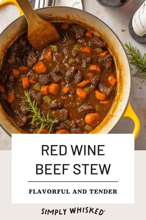 This easy, red wine beef stew is tender and delicious! It's filled with veggies and seasoned with rosemary and thyme - creating a hearty comfort food. Serve it over dairy free mashed potatoes or with drop biscuits complete meal! Wine Beef Stew, Red Wine Beef Stew, Beef Stew Meat Recipes, Red Wine Beef, Beef Stew Ingredients, Dairy Free Mashed Potatoes, Red Wine Recipe, Rosemary And Thyme, Stew Meat Recipes