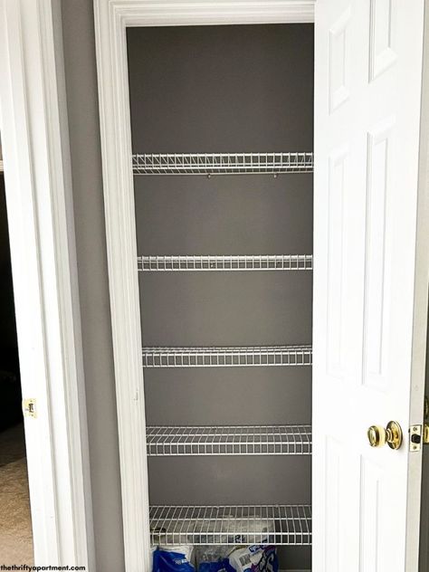 How to Cover Wire Shelving | DIY Foam Board Hack Cover Wire Shelves With Foam Board, Wire Closet Shelf Cover, Covering Wire Shelves Diy Closet, Make Wire Shelves Look Better, Diy Wire Shelf Cover Pantry, Covering Wire Shelves, Wire Shelf Covers, Wire Closet Shelving, Shelf Cover