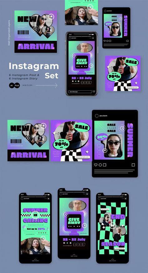 Purple Fashion Summer Instagram Post and Story Design PSD, AI Purple Ig Feed, Purple Aesthetic Graphic Design, Purple Instagram Feed Ideas, Purple Aesthetic Instagram Feed, Y2k Social Media Design, Y2k Fashion Summer, Summer Instagram Post, Flash Redesign, Sns Design