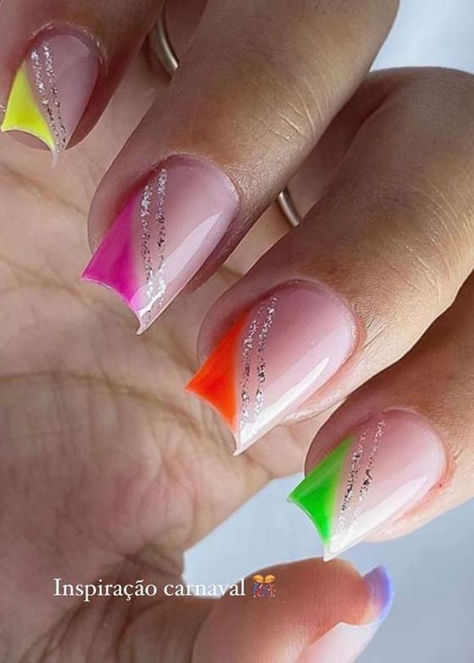 neon nail design: vibrant side tips with silver glitter Rainbow Nails Design Glitter, Carnaval Nails Design, Carnival Nails, Fluorescent Nails, Accent Nail Designs, Cruise Nails, Rainbow Nails Design, Neon Nail Designs, Beachy Nails