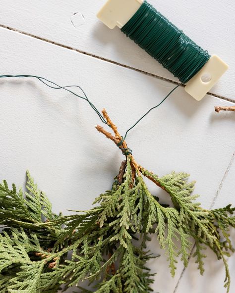 Fresh Cedar Mini Wreath Tutorial - The Creek Line House Bough Wreath Diy, Making Cedar Garland, Herb Christmas Wreath, Fresh Winter Wreath, Fresh Pine Wreath Diy, How To Make A Wreath With Pine Branches, Diy Wreath From Garland, Juniper Wreath Diy, Cedar Boughs Christmas