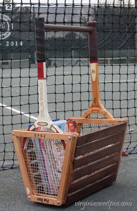 Vintage Tennis Racket Basket - Make a basket using two vintage tennis rackets. Get the step-by-step tutorial. virginiasweetpea.com Tennis Crafts, Vintage Tennis Racket, Tennis Ideas, Make A Basket, Tennis Art, Tennis Party, Tennis Tips, Basket Uses, Tennis Rackets