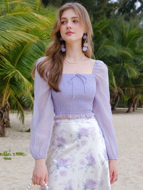 Fashion Top Outfits, Myanmar Dress Design, Purple Outfits, Purple Skirt, Purple Top, Modest Fashion Outfits, Girly Outfits, Fesyen Wanita, Elegant Outfit