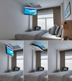 Tv Folds Down From Ceiling, Tv From Ceiling, Cabinet Tv Wall, Tv Wall Idea, Design Tv Stand, Tv Stand Decor Living Room, Modern Tv Room, Ceiling Tv, Tv Stand Designs