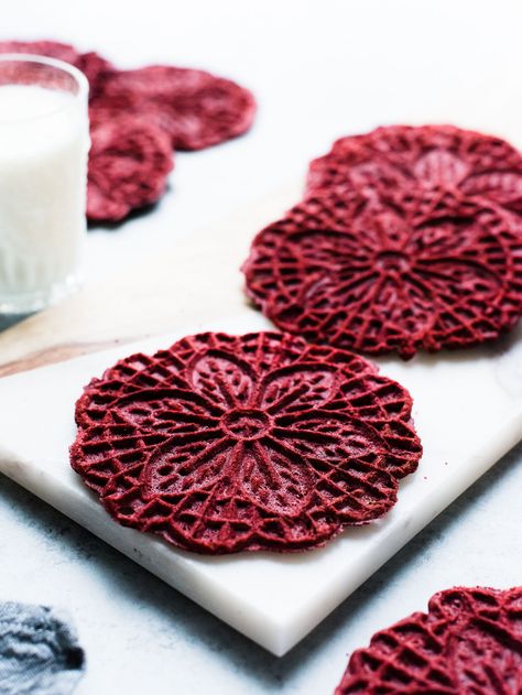 The traditional Italian waffle cookie gets a red velvet twist in this Red Velvet Pizzelle, perfect for sharing with that special someone! from @kitchconfidante Pizzelle Sandwich Cookies, Pizzelle Recipes, Pizelle Recipe, Pizzelle Cookies, Pizzelle Recipe, Cookie Board, A Glass Of Milk, Waffle Cookies, Italian Cookies