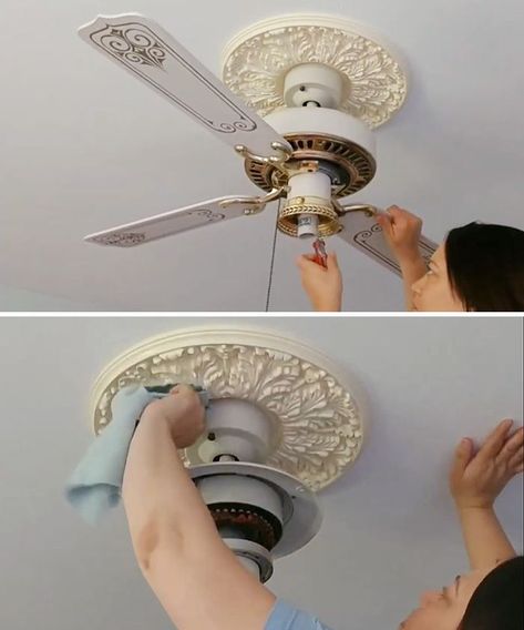 We had an old, out-dated ceiling fan in one of our bedrooms and I wanted(needed) to give it a new look. We could have gone out and bought a new fixture, but I thought it would be more fun and less expensive if I gave it an upgrade. With a little paint and elbow grease, I managed to turn this out-dated ceiling fan into something a bit more modern.    This is the original look - cream colors on the fan and base with shiny brass and gold details on the fan blades.     The first step was… Flowers From Ceiling Fan, Refurbished Ceiling Fan, Ceiling Fan Globe Alternatives, Add Chandelier To Ceiling Fan Diy, Ceiling Fan Covers Diy, Old Ceiling Fan Makeover, Update Old Ceiling Fan, Ceiling Fan Makeover Diy Ideas, Ceiling Fan Light Makeover