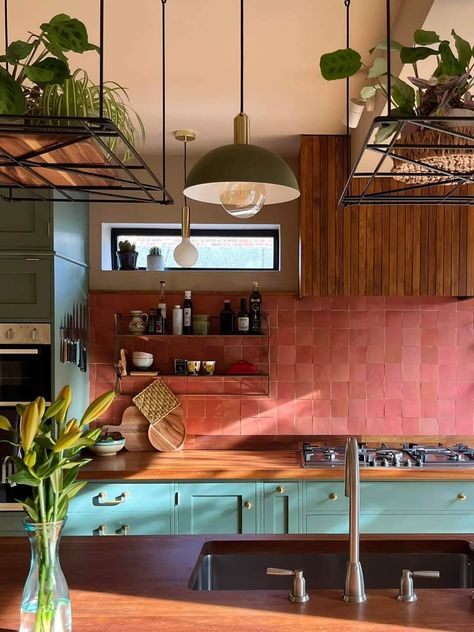 Peach And Black Kitchen, White Kitchen Colored Backsplash, Pink Tiled Kitchen, Coral And Green Kitchen, Kitchen Backsplash Color, Pink Tile Kitchen, Colorful Backsplash Kitchen, Tiled Cabinet, Bold Kitchen Backsplash