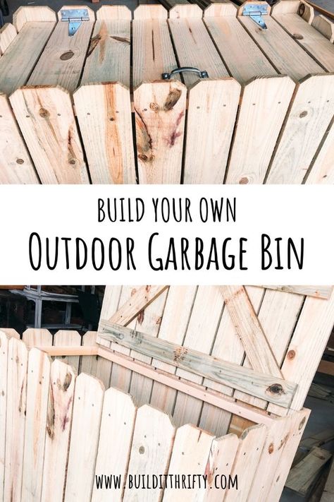 Garbage Bin Storage Outdoor Diy Plans, Diy Outdoor Garbage Bin, Diy Pallet Garbage Can Storage Outdoor, Pallet Trash Bin Outdoor, Outdoor Diy Storage, Wooden Trash Bins Outdoor, Outside Garbage Can Storage Diy, Trash Bins Outdoor Garbage Storage, Diy Wooden Trash Can