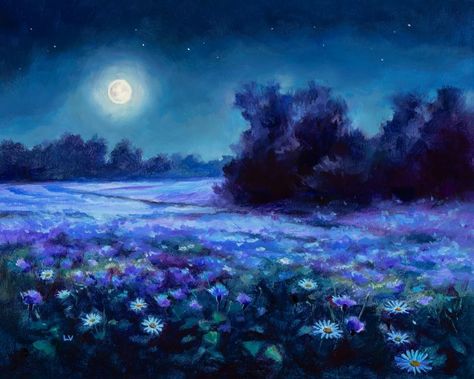 Countryside Interior, Purple Flower Field, Field At Night, Twilight Painting, Twilight Moon, Star Wall Art, Blue Cornflower, Night Flowers, Commissioned Artwork