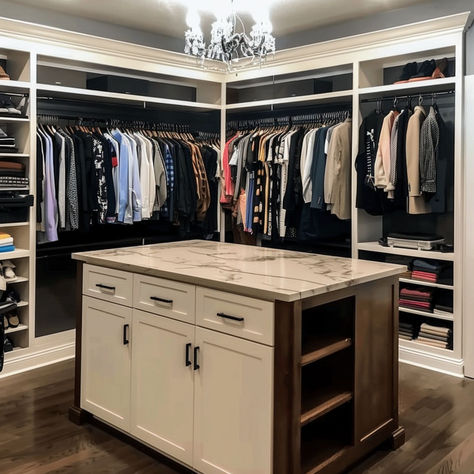 17 Brilliant Closet Island Ideas Walk In Closet Center Island, Island Dresser In Closet, Closet Center Island Ideas, Closet Island With Drawers, Dresser Island Closet, Man Closet Ideas, Closet Island Ideas Ikea Hacks, Master Walk In Closet Ideas Luxury, Master Closet Built Ins