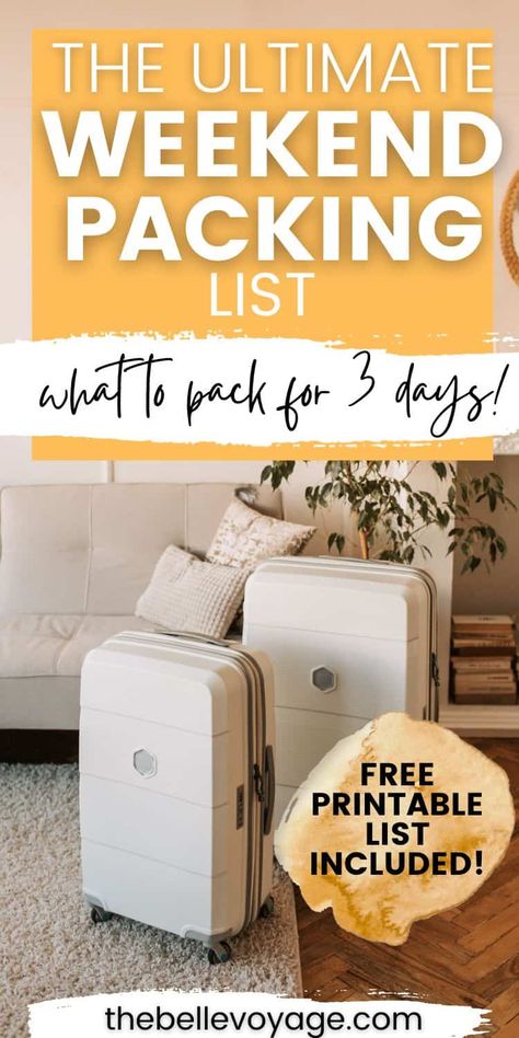 Get ready for your ultimate weekend getaway with our comprehensive packing list! From versatile outfits to essential travel accessories, we've got you covered. Discover the must-haves for a stress-free and stylish trip. Don't let packing woes hold you back from enjoying your adventure. Pin now and make the most of your weekend escape! How To Pack For Weekend Trip, Packing List For Overnight Trip, Pack List For Weekend Trip, What To Pack For A 3 Day Trip List, Packing A Weekender Bag, Packing For Weekend Trip Summer, Packing List For 2 Days, 3 Day Weekend Packing List Summer, 4 Day Vacation Packing List