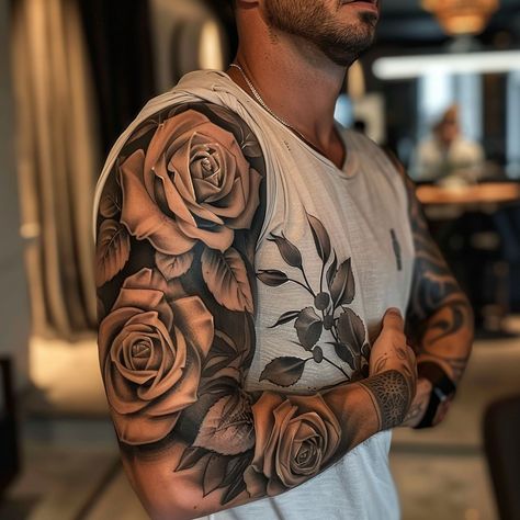 Cool Rose Flower Tattoo for Guys: 10 Best Ideas - Tattoo Build Rose Flower Tattoo Designs, Rose Flower Tattoo, A Rose Tattoo, Men Flower Tattoo, Men's Tattoos, Rose Tattoo On Arm, Masculine Tattoos, Rose Flower Tattoos, Rose Hand Tattoo