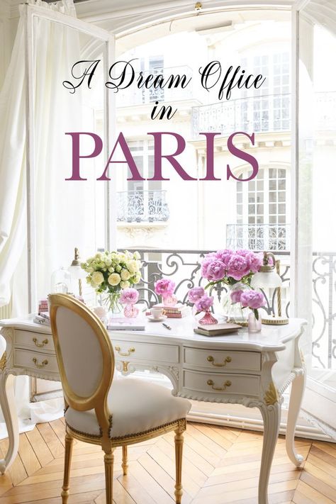 Paris Office Style, French Elegant Decor, French Desk Office, French Inspired Office, French Country Office Ideas, Desk Placement In Office, Parisian Office Decor, Parisian Style Office, Women’s Home Office