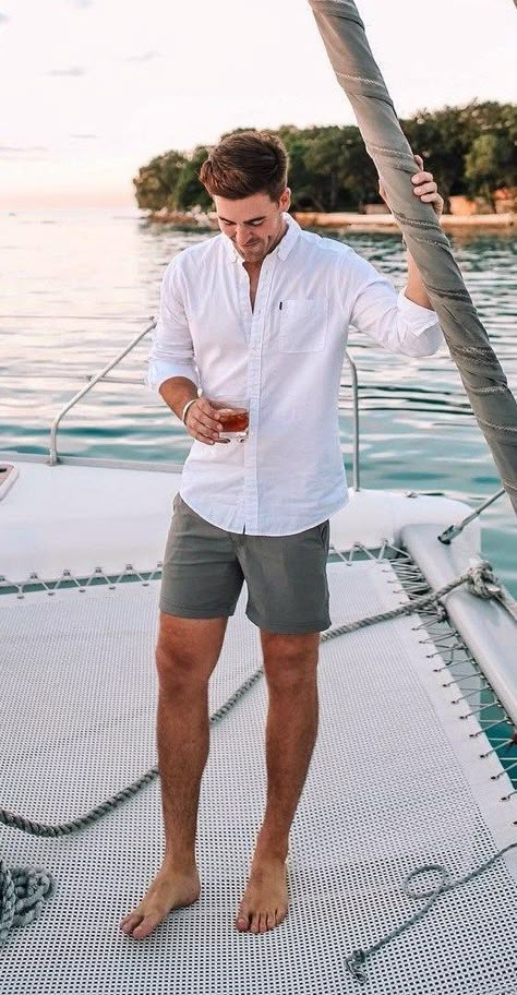 Men’s White Shirt Outfit, Mens Blue Shorts Outfit, Shorts And Shirts For Men, Mens White Shorts Outfit, Men Looks Summer, Men’s White Shorts Outfit, Men Summer Holiday Outfit, Mens Yacht Outfit, Mens Neutral Outfit Summer