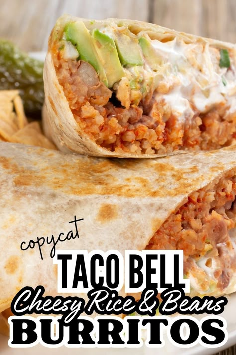 Make Taco Bell Cheesy Bean and Rice Burrito at home with our simple copycat recipe. Enjoy gooey cheese, seasoned rice, and zesty flavors in every bite. A delightful Mexican-inspired dish for the whole family Taco Bell Rice Recipe, Taco Bell Veggie Burrito, Bean Cheese Rice Burrito, Bean And Cheese Burrito Recipe, Bean And Rice Burrito, Bean Burrito Recipe, Rice And Bean Burrito, Bean And Cheese Burrito, Taco Bell Recipes