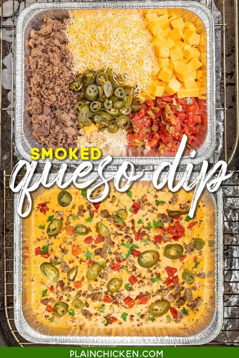 Smoked Queso Dip - Plain Chicken Smoked Queso Dip, Smoked Queso, Christmas Decor Ideas Outdoor, Chicken Christmas, Pellet Grill Recipes, Traeger Recipes, Smoked Cheese, Plain Chicken, Queso Dip