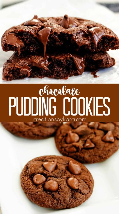 Soft, thick, and oozing with melted chocolate, these CHOCOLATE PUDDING COOKIES are the perfect way to satisfy your chocolate craving! #puddingcookies #chocolatepuddingcookies @Creations by Kara Iced Sugar Cookie Recipe, Candies Recipes, Chocolate Pudding Cookies, Pudding Cookies Recipes, Easy Chocolate Pudding, Best Chocolate Desserts, Easy Chocolate Desserts, Cookie Recipes Unique, Biscuit Recipes