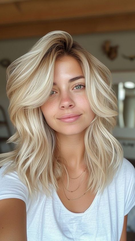 Lightened Hair Blonde, Summer 2024 Haircuts Women, Bleach Out Hair, Medium Blonde Hair With Bangs, Blonde Hair With Bangs And Layers, Trendy Blonde Hair Short, Alix Earle Hair, Low Maintenance Blonde Hair Balayage, Icy Blonde Bob