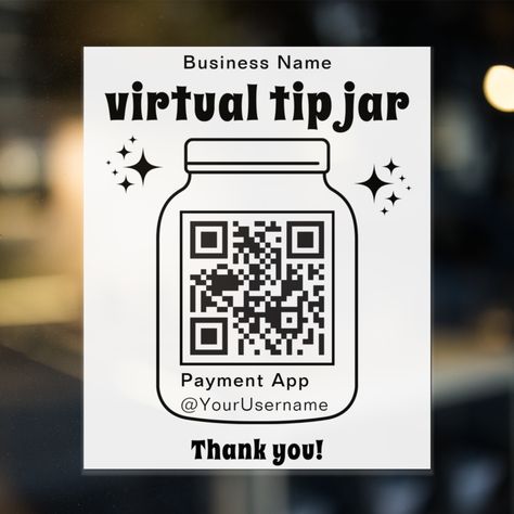 With the ability to insert your business name and QR code from your preferred payment app, this sticker enhances customer engagement and ease of use. Perfect for cafes, artists, performers, and service providers, the tip jar becomes a seamless digital transaction hub, allowing customers to show appreciation through quick and convenient payments. Elevate your brand, simplify transactions, and foster a sense of gratitude with this customizable tip jar sticker. Qr Code Poster, Virtual Tip Jar, Qr Code Sticker, Jar Stickers, Tip Jar, Tip Jars, Show Appreciation, Customer Engagement, Window Clings