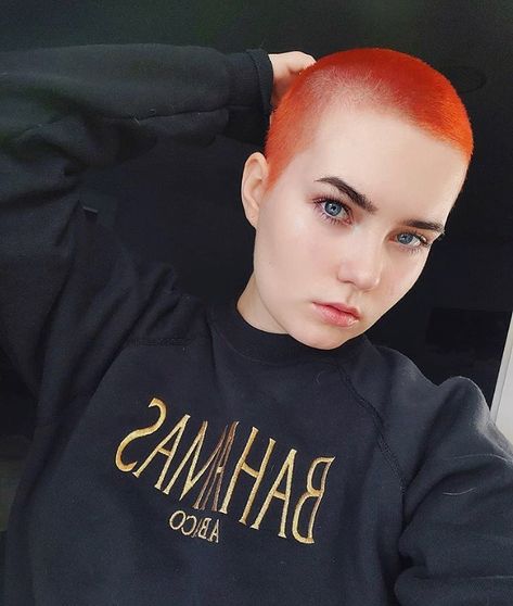 BuzzCutFeed ™ on Instagram: “FIERY🔥BUZZ CUT !!! Thanks @lynnxes 😍💯🧡 #FullBuzz #FieryRedHair #BuzzCutFeed #BuzzCut  #BuzzCuts #ShavedHead #BuzzCutChallenge…” Halloween Hair Dye, Head Hairstyles, Shave Head, Shaved Head Designs, Buzz Haircut, Buzzcut Girl, Easy Professional Hairstyles, Buzz Cut Women, Girls With Shaved Heads