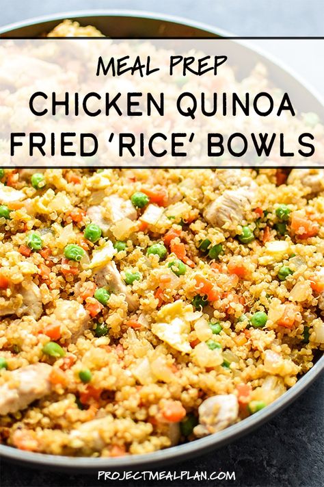 A healthier fried "rice" that's perfect for meal prep! Fried quinoa in place of rice with veggies and chunky chicken breast - you won't even know what's missing in these Meal Prep Chicken Quinoa Fried "Rice" Bowls! #mealprep #quinoafriedrice #easymealprep #mealprepideas Quinoa Recipes Side Dish, Quinoa Meals, Chicken Quinoa Recipes, Rice With Veggies, Quinoa Recipes Dinner, Healthy Fried Rice, Fried Quinoa, Quinoa Fried Rice, Meal Prep Chicken