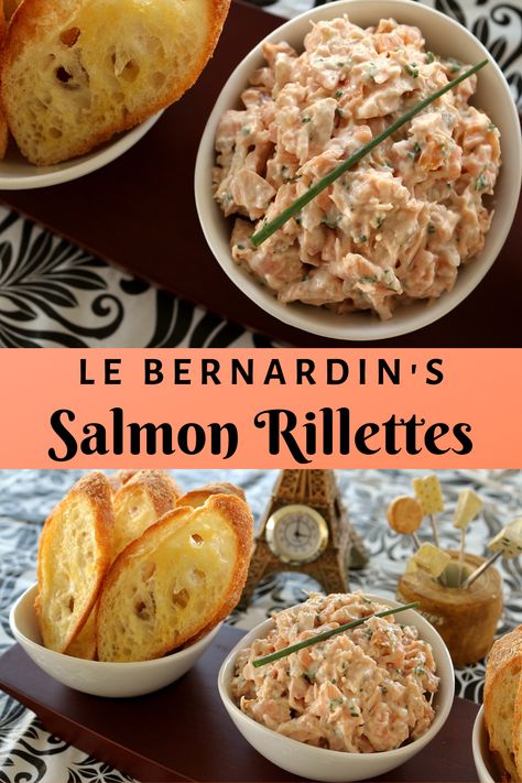 Seafood Appetizers Gourmet, Seafood Entrees Appetizers, Eric Ripert Recipes, Salmon Rillettes Recipe, Michelin Star Appetizer, French Salmon Recipes, French Christmas Food, French Salmon, Restaurant Salmon