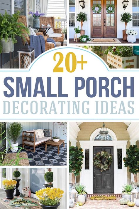 Collage of porch decor ideas. Small Porch Decorating Ideas, Small Front Porch Decor, Front Porch Flower Pots, Modern Front Porches, Ladder Ideas, Small Porch Decorating, Front Porch Plants, Front Porch Flowers, Porch Wall Decor