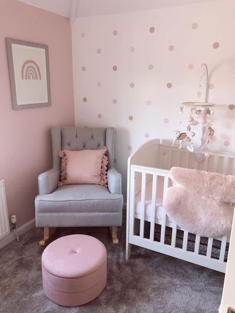 Baby Girl Nursery Room Pink, Pink And Polka Dot Bedroom, Pink Polka Dot Nursery, Pink Polkadot Nursery, Natural Wood And Pink Nursery, Pink Room For Toddler Girl, Polka Dot Room Decor Girls Bedroom, Pink And Grey Baby Room, Pink Room Toddler