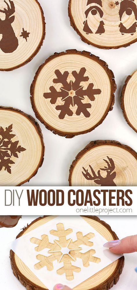 Wooden Coaster Ideas Diy Projects, Craft Class Ideas For Adults, Christmas Wooden Coasters, Wood Slice Coasters Diy, Christmas Coasters Wood, Home Made Crafts To Sell, Wooden Coasters Diy Ideas, Costers Diy Wooden, Wooden Coaster Design Ideas